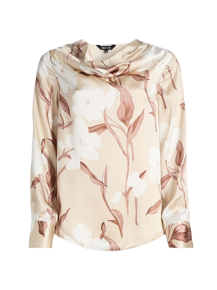 Women's Floral Silk Draped Blouse - Biscotti Charmeuse White - Size XXL