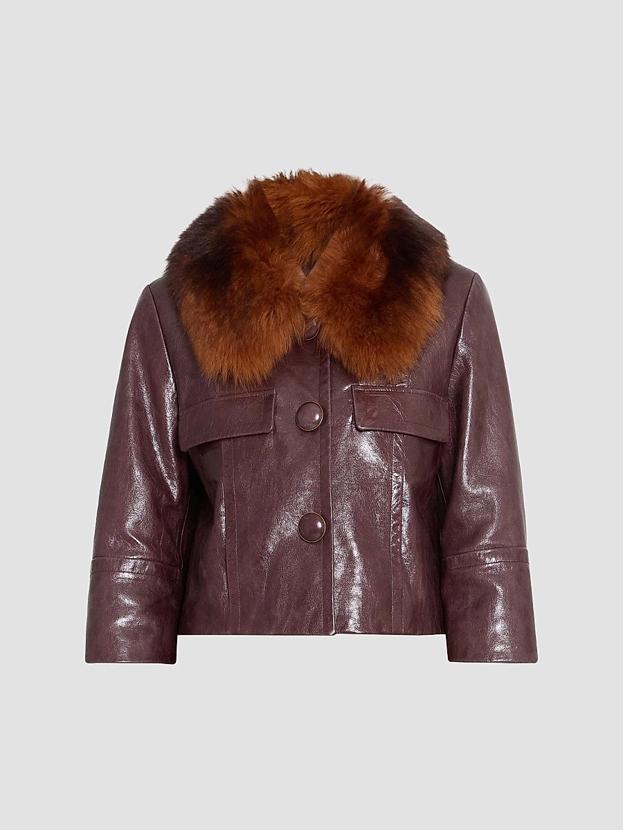 Women's Shearling & Leather Bomber Jacket - Dark Purple - Size 4