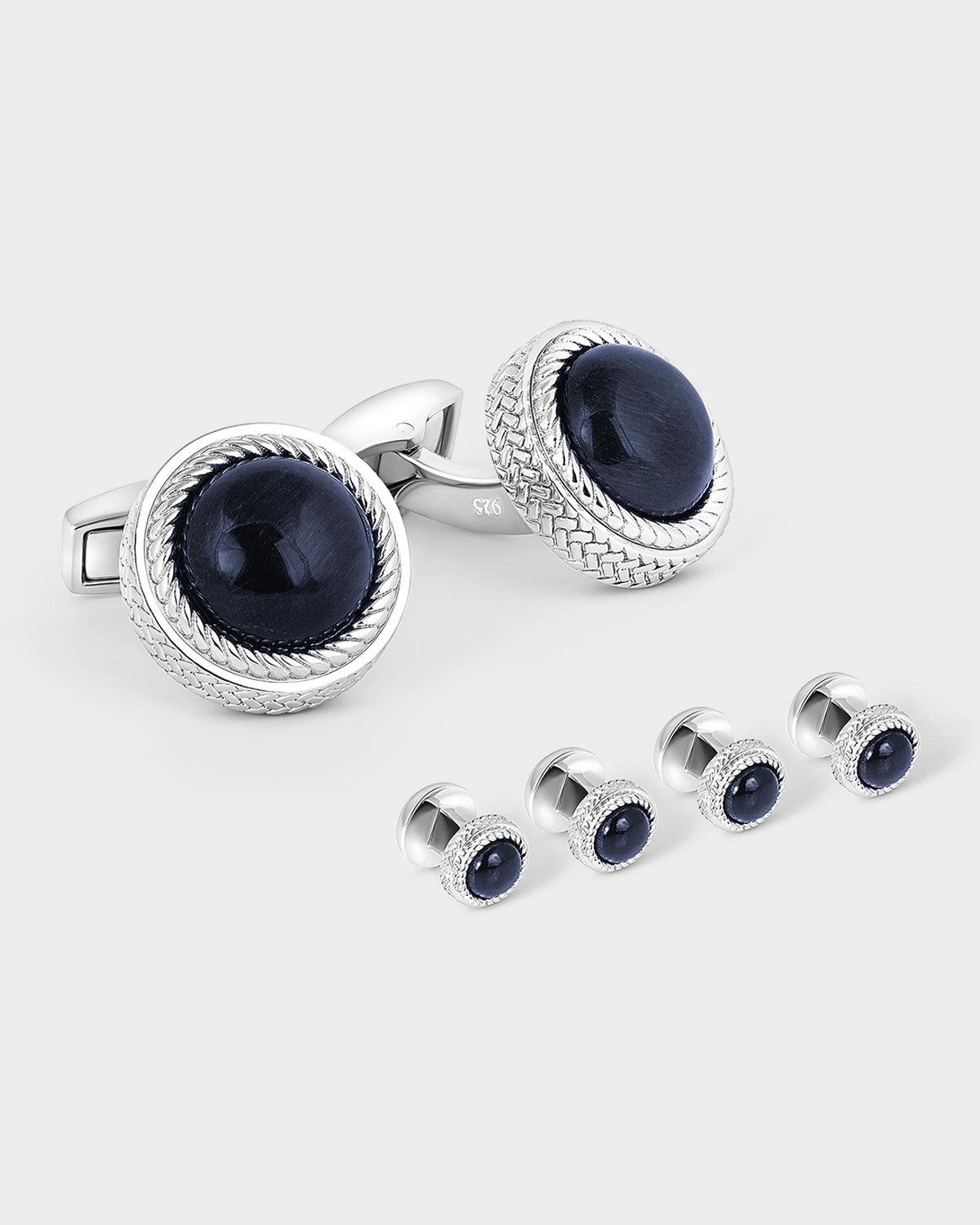 Men & apos;s Blue Tiger & apos;s Eye Round Cufflink and Stud Set