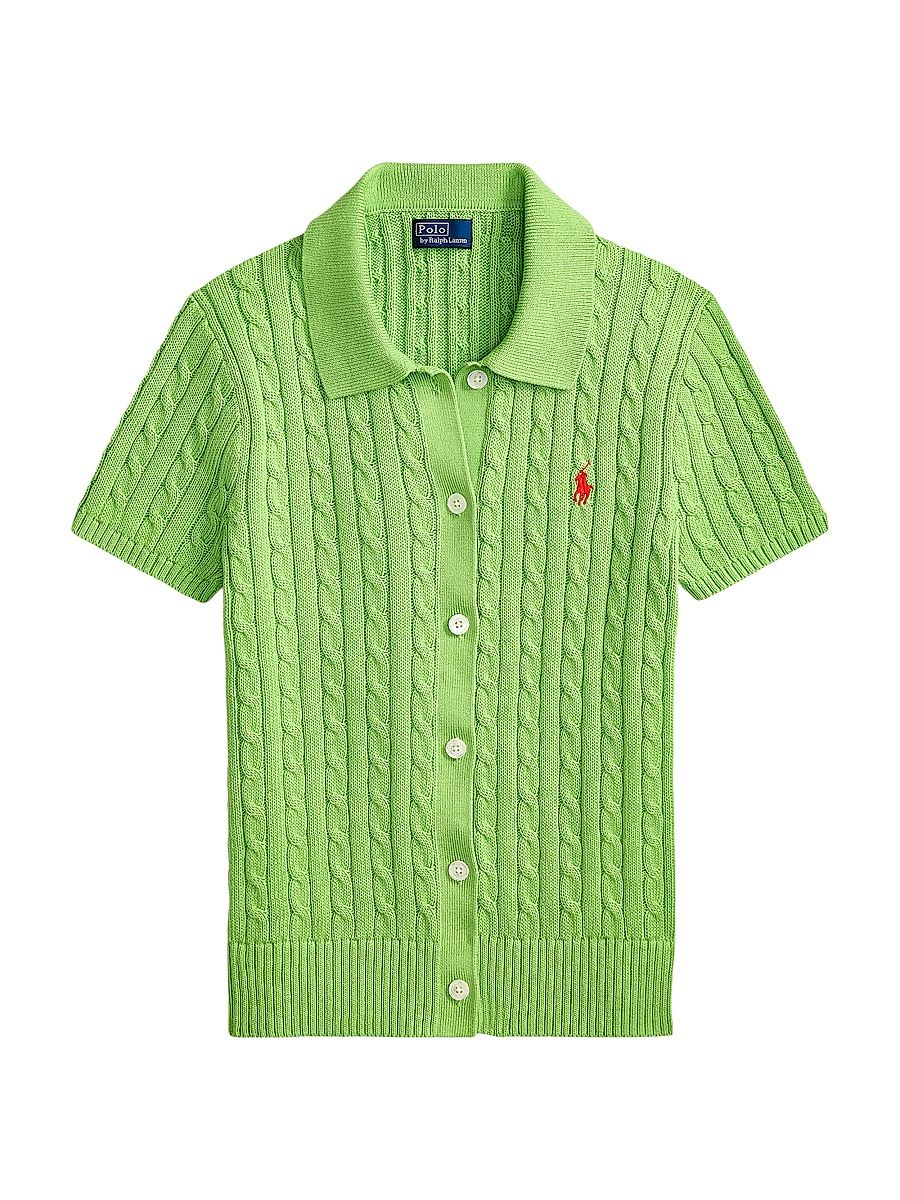 Women's Cable-Knit Cotton Button-Front Cardigan - Riviera Green - Size XL