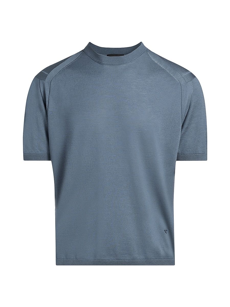 Men's Wool-Silk Short-Sleeve Crewneck Sweater - Blue - Size Medium