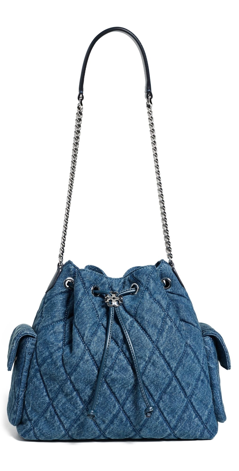Tory Burch Kira Diamond Quilt Denim Drawstring Shoulder Bag Blue One Size