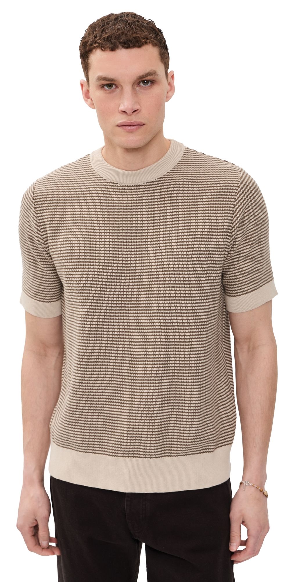 Far Afield Newport Knit Crew Tee Sand/Brown Stripe S