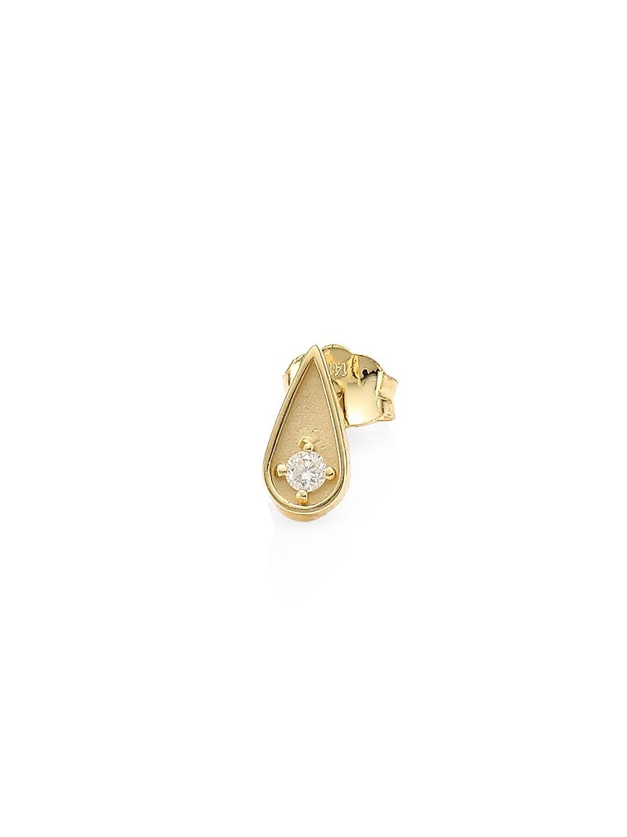 Women's 14K Yellow Gold and Diamond Teardrop Single Stud Earring - Gold
