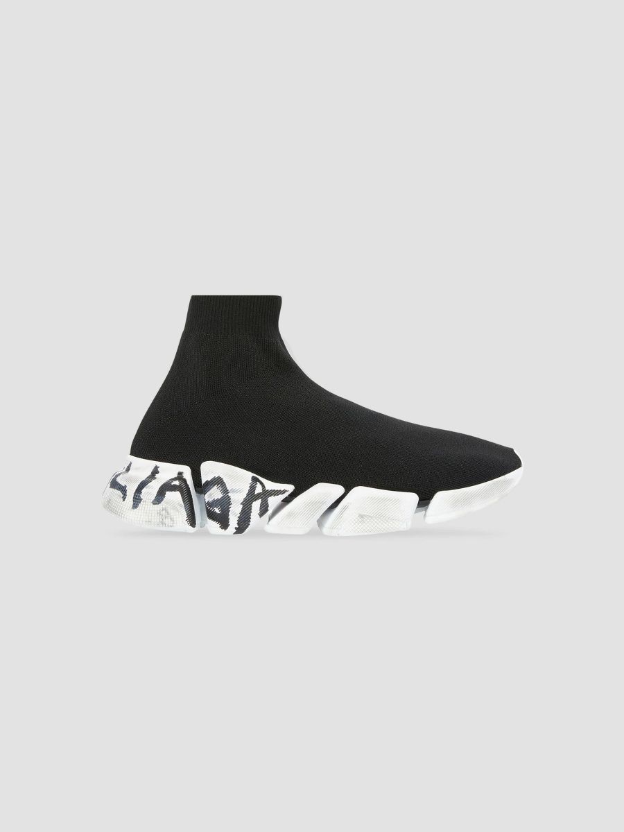 Balenciaga Men's Speed 2.0 Graffiti Recycled Knit Sneakers - Black White - Size 6