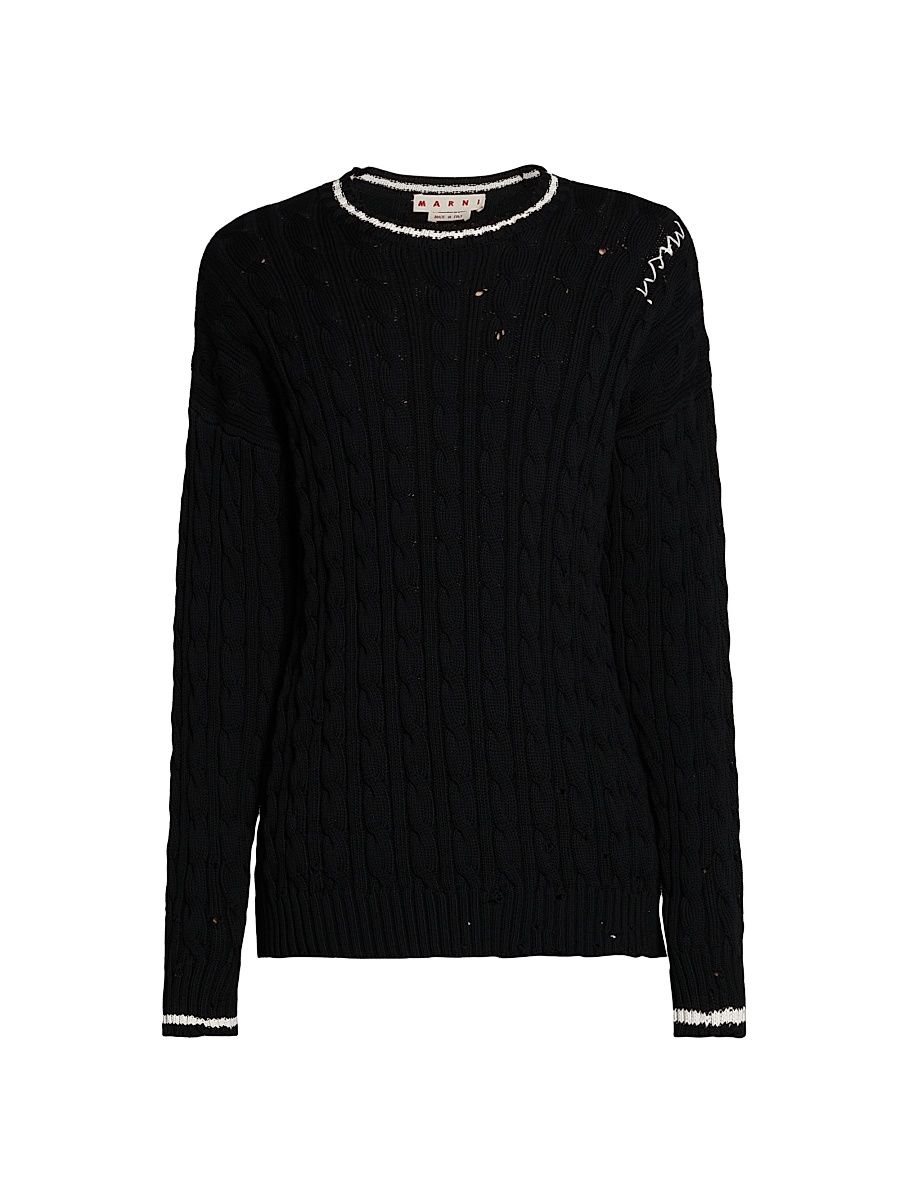 Men's Distressed Cable-Knit Cotton Sweater - Black - Size 46