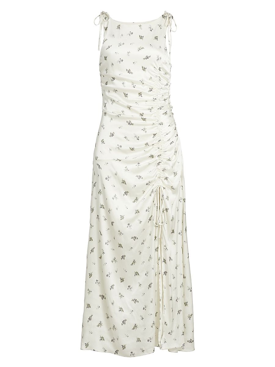 Women's Floral Satin Gathered Midi-Dress - Egret - Size 10