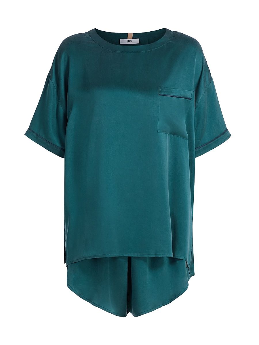 Women's Washable Silk Short Pajamas - Piquant Teal - Size Medium