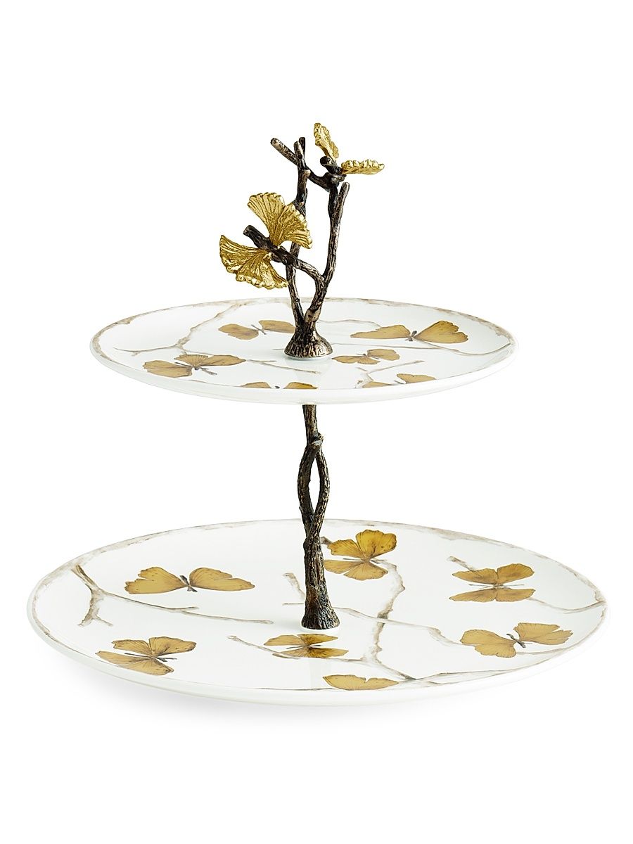 Butterfly Ginkgo 2-Tier Porcelain Etagere