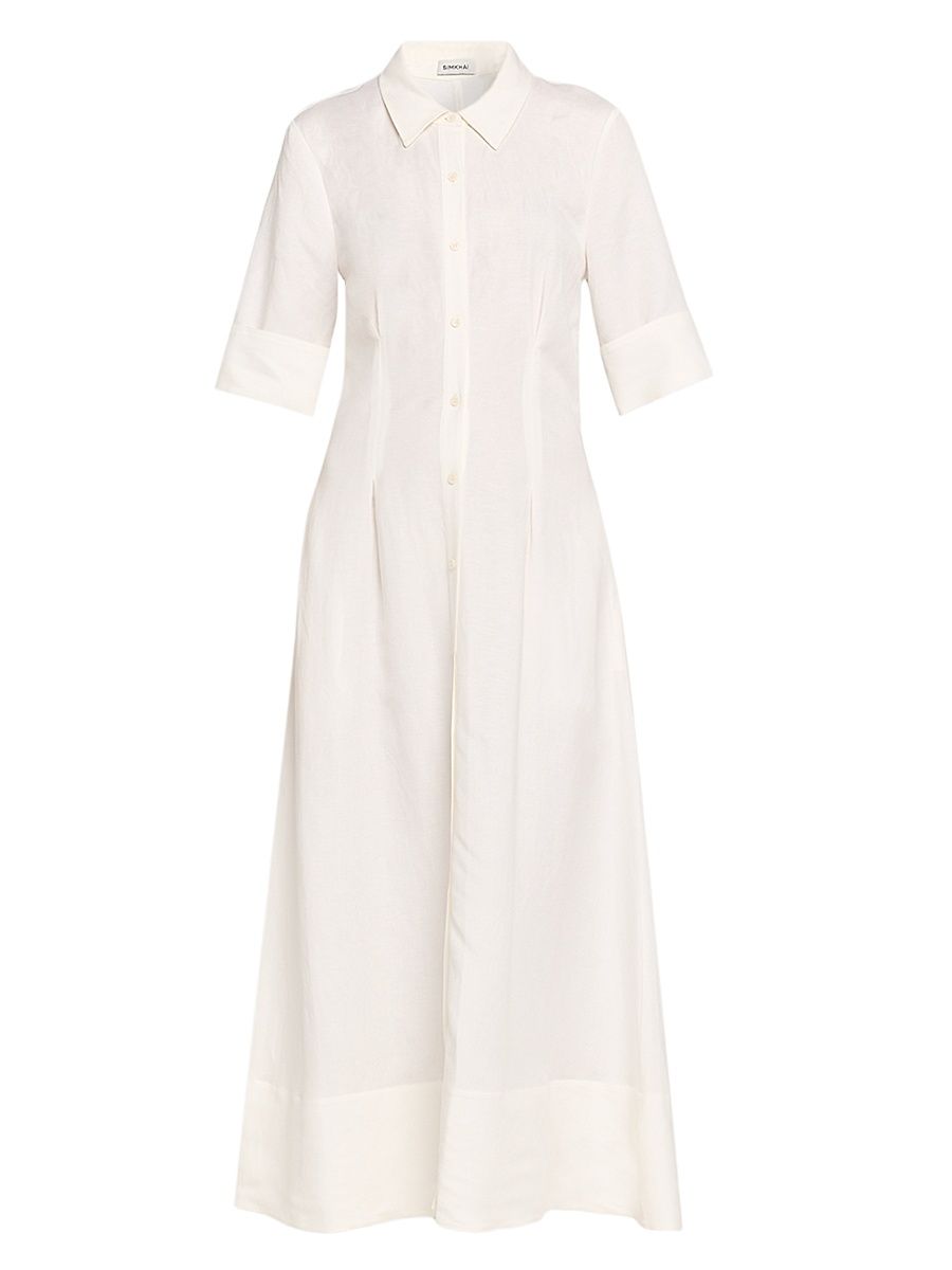 Women's Claudine Linen-Blend Midi-Shirtdress - White - Size Large