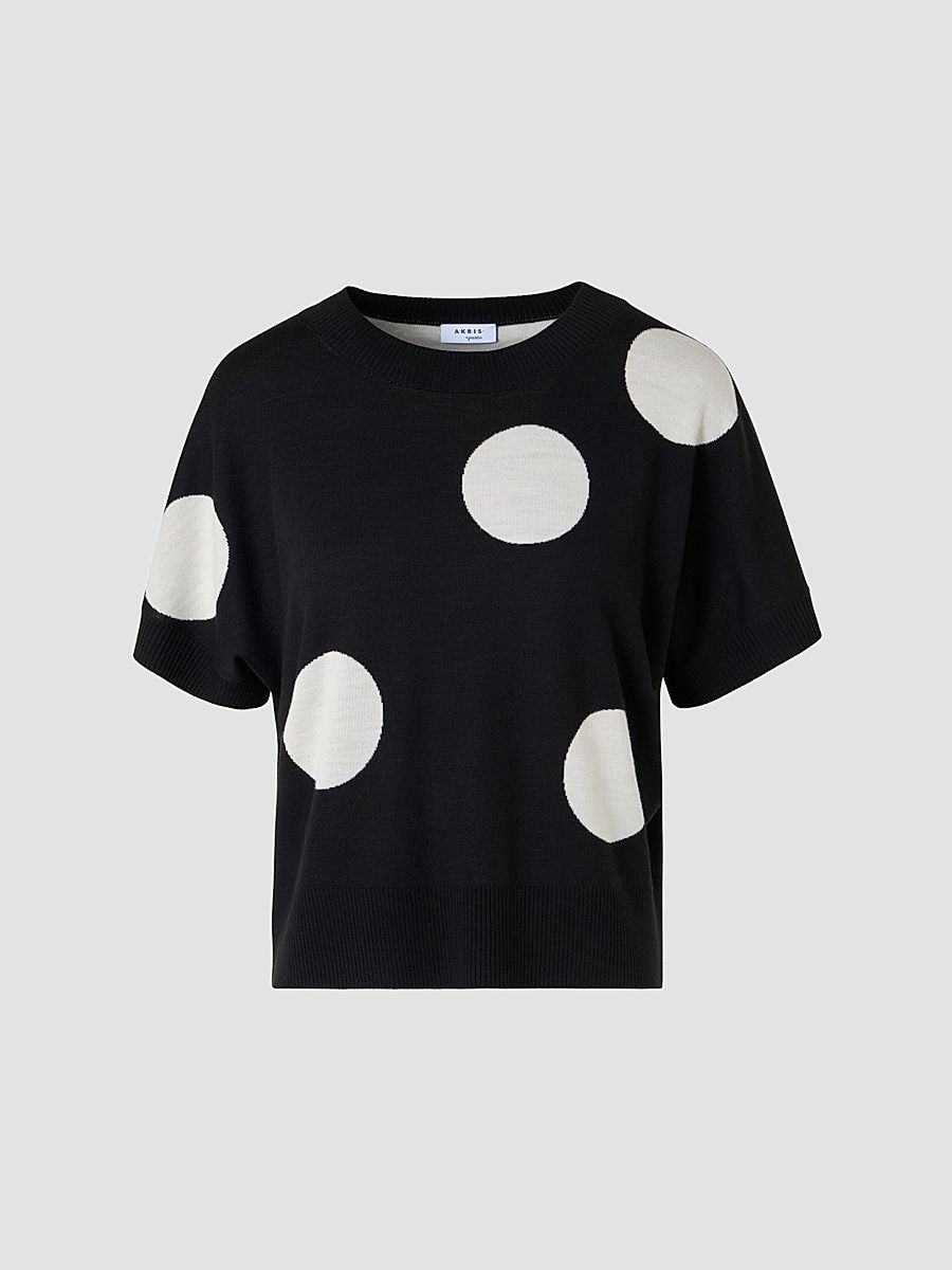 Women's Polka Dot Virgin Wool Intarsia Knit Sweater - Black Cream - Size 16