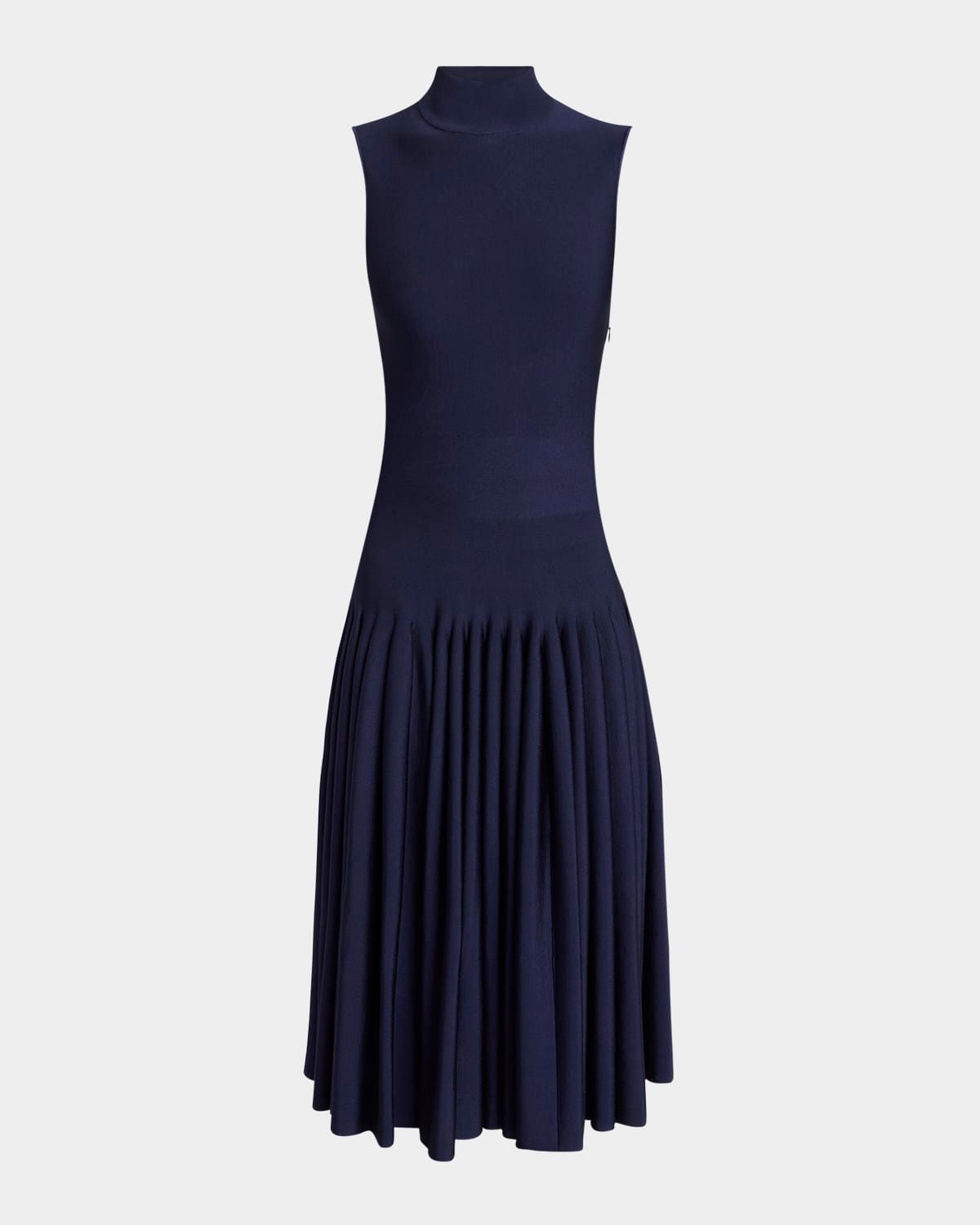 High-Neck Pleated Knit Midi Dress