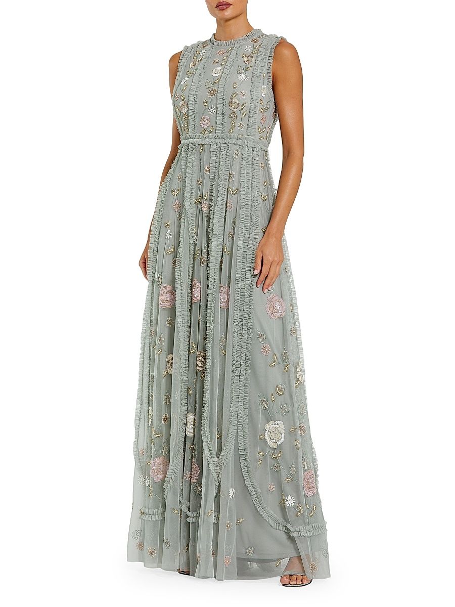 Women's Floral-Embroidered Ruffled Mesh Gown - Sage Multi - Size 14