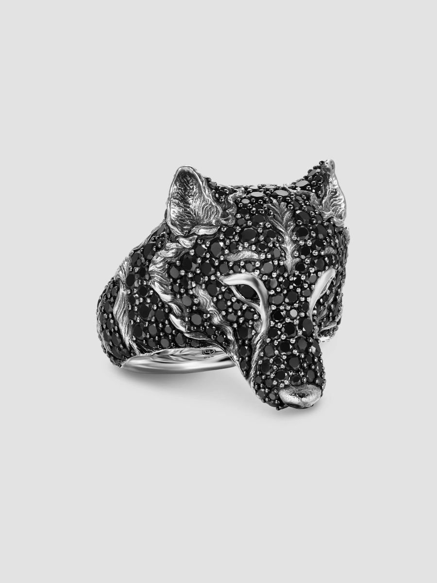 David Yurman Men's Petrvs Wolf Signet Ring in Sterling Silver - Black Diamond - Size 7.5