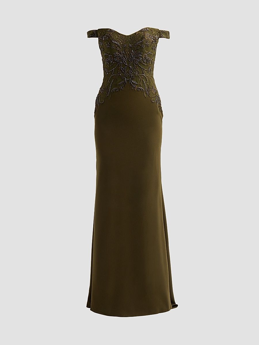 Women's Embroidered Crêpe Off-the-Shoulder Gown - Green - Size 16