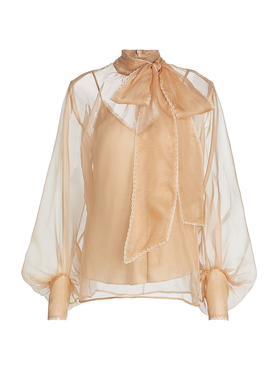 Women's Memento Embroidered Silk Organza Blouse - Sepia - Size 8