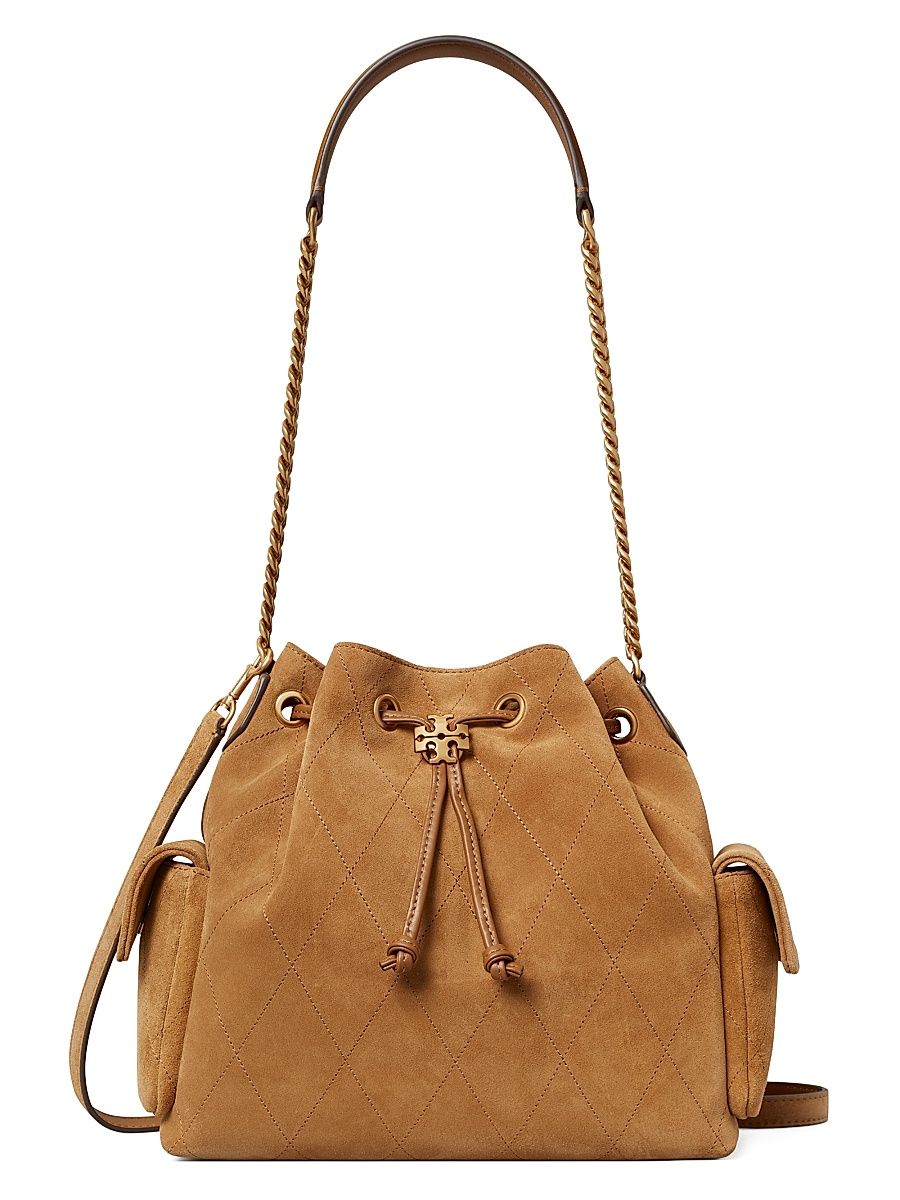 Women's Charlie Quilted Suede Drawstring Shoulder Bag - Toffee