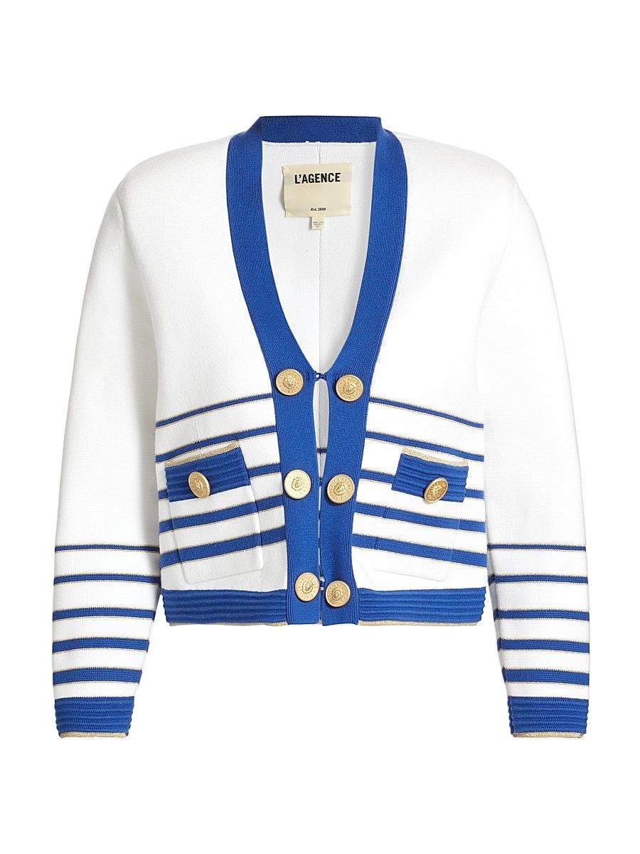 Women's Catie Striped V-Neck Knit Sweater Blazer - White Navy Gold - Size Small