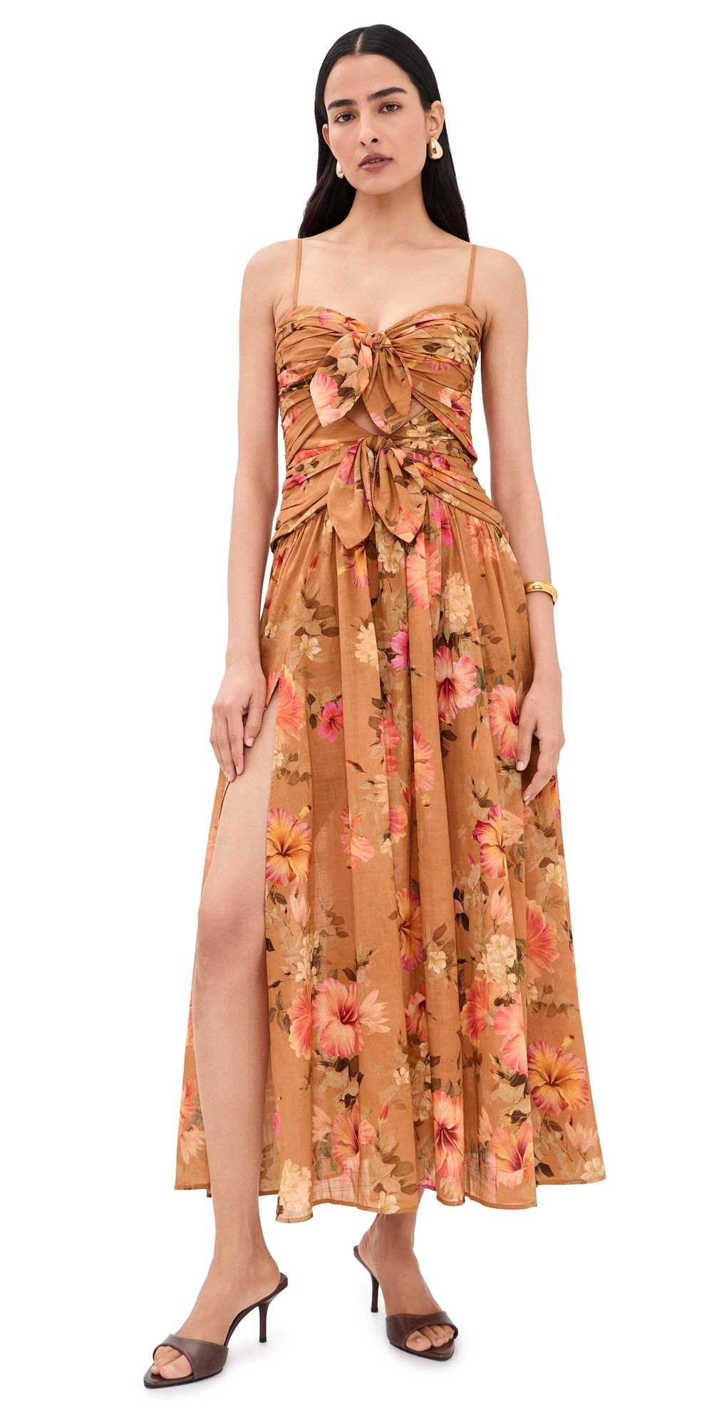 Zimmermann Mahon Tie Front Midi Dress Tan Hibiscus 0