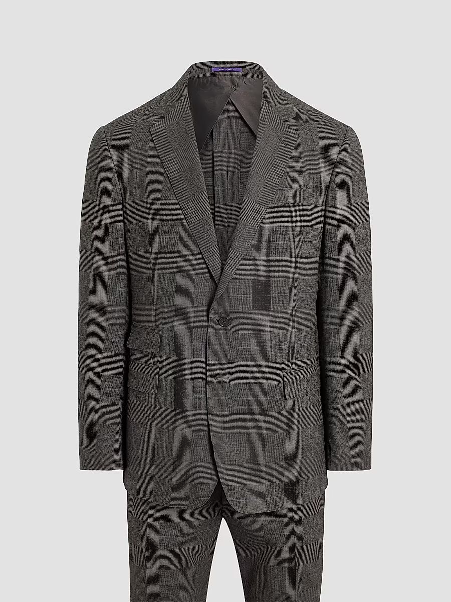 Men's Glen Check Wool Single-Breasted Suit - Brown - Size 46
