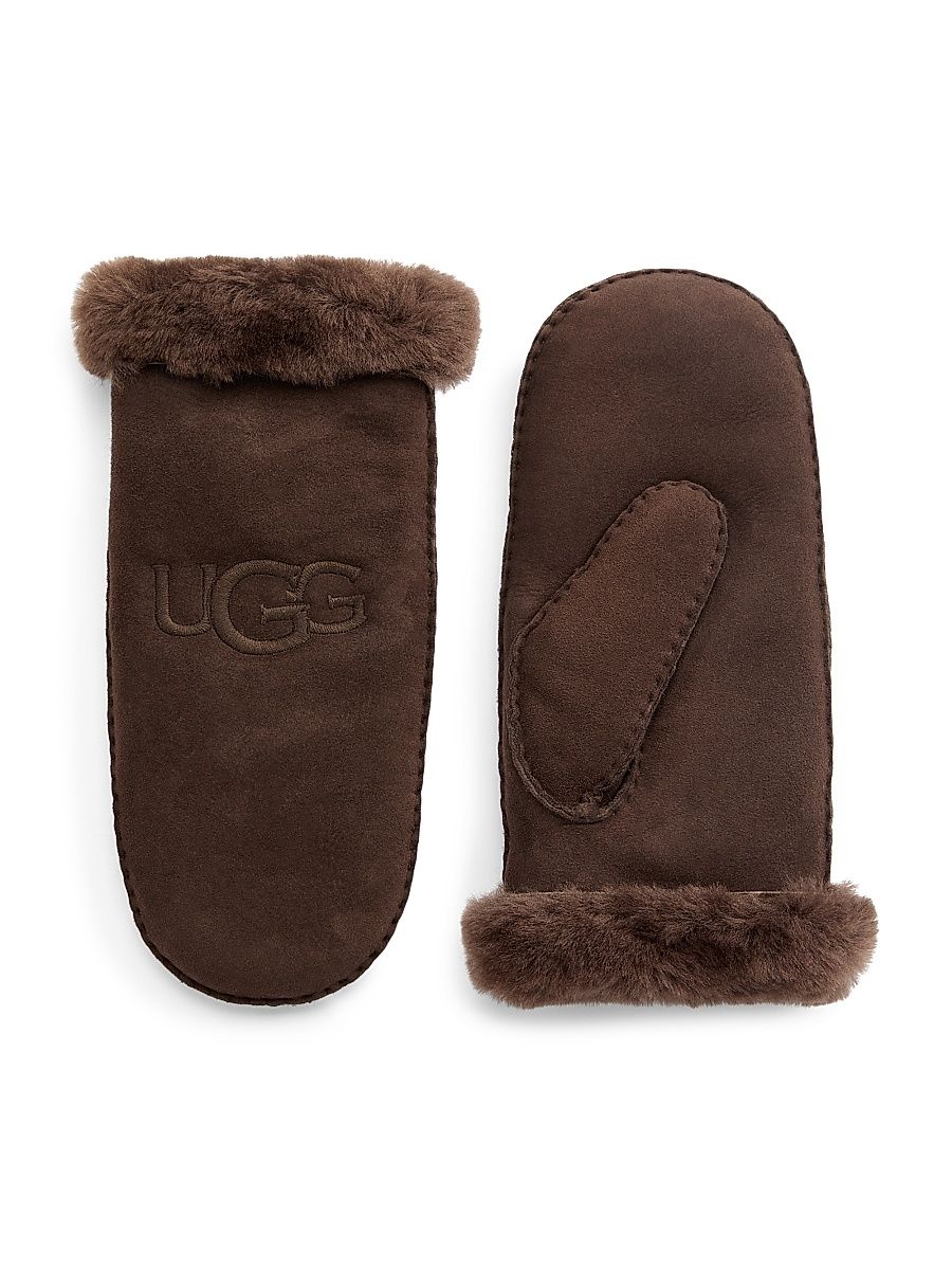 Women's Shearling Embroidered Mittens - Burnt Cedar - Size Small