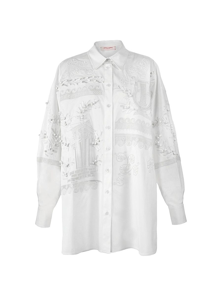 Women's Embroidered Oversized Button-Front Top - White - Size 6