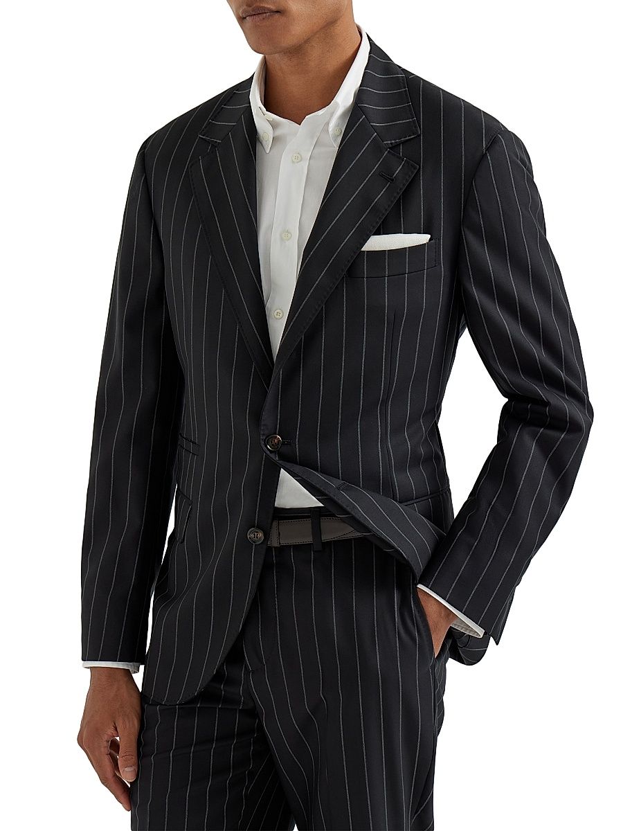 Men's Super 150s Virgin Wool Wide Chalk Stripe Batavia Blazer - Grey - Size 42