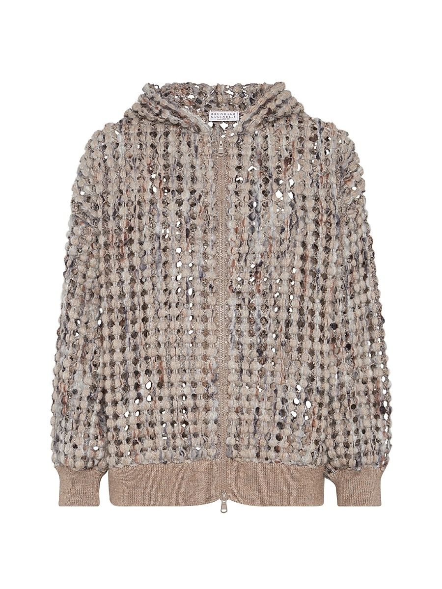 Women's Virgin Wool Cashmere and Mohair Balloon Net Embroidery Cardigan with Hood - Camel - Size XXS