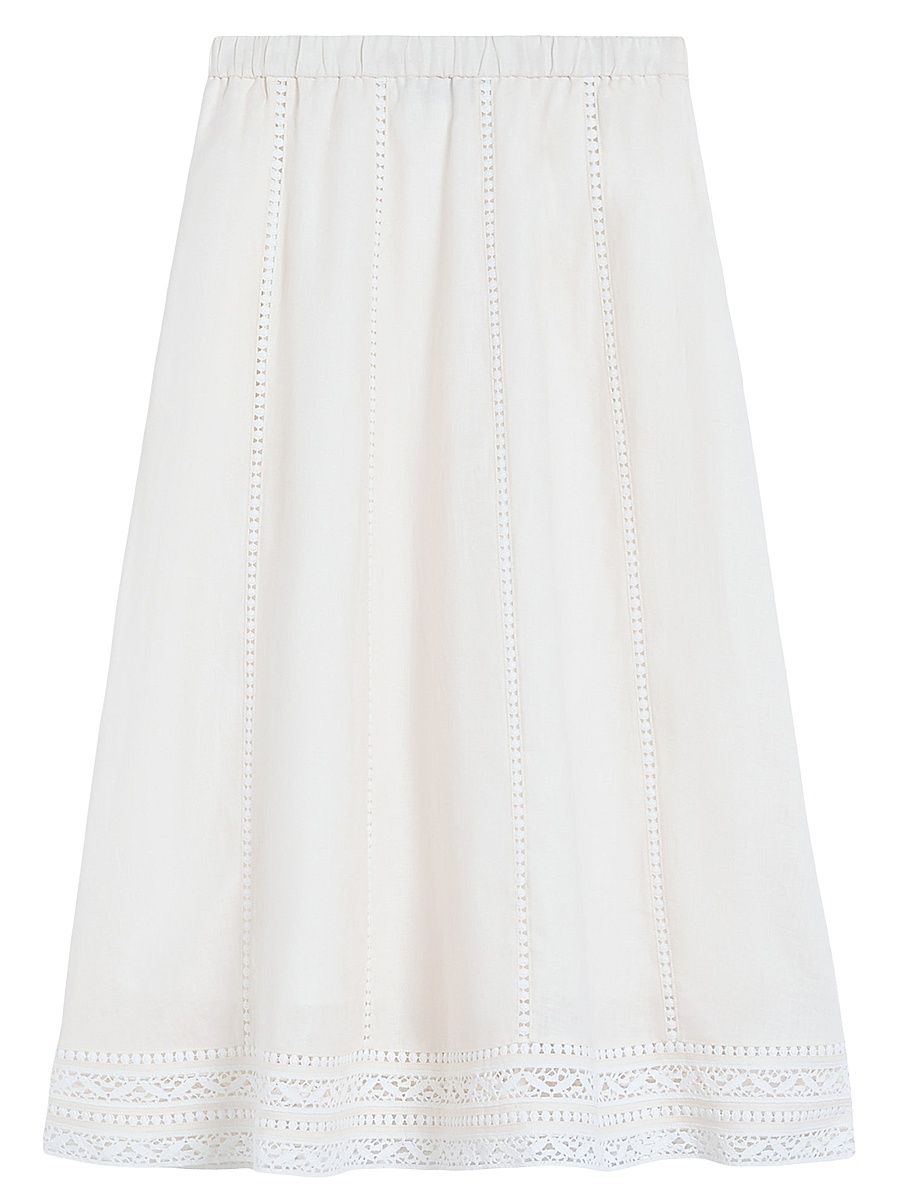 Women's Linen Skirt with a Jour Embroidery - Ecru - Size XL