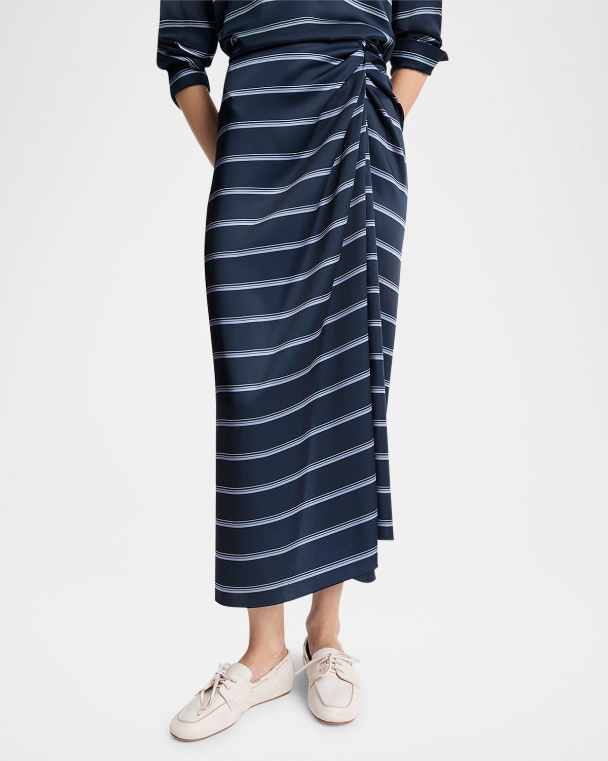 Gathered Rugby Stripe Midi Skirt