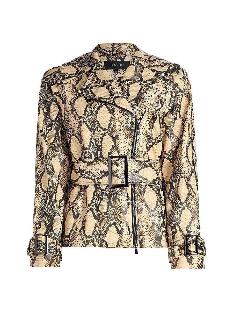 Women's Brando Snake-Embossed Vegan Leather Biker Jacket - Python - Size 14