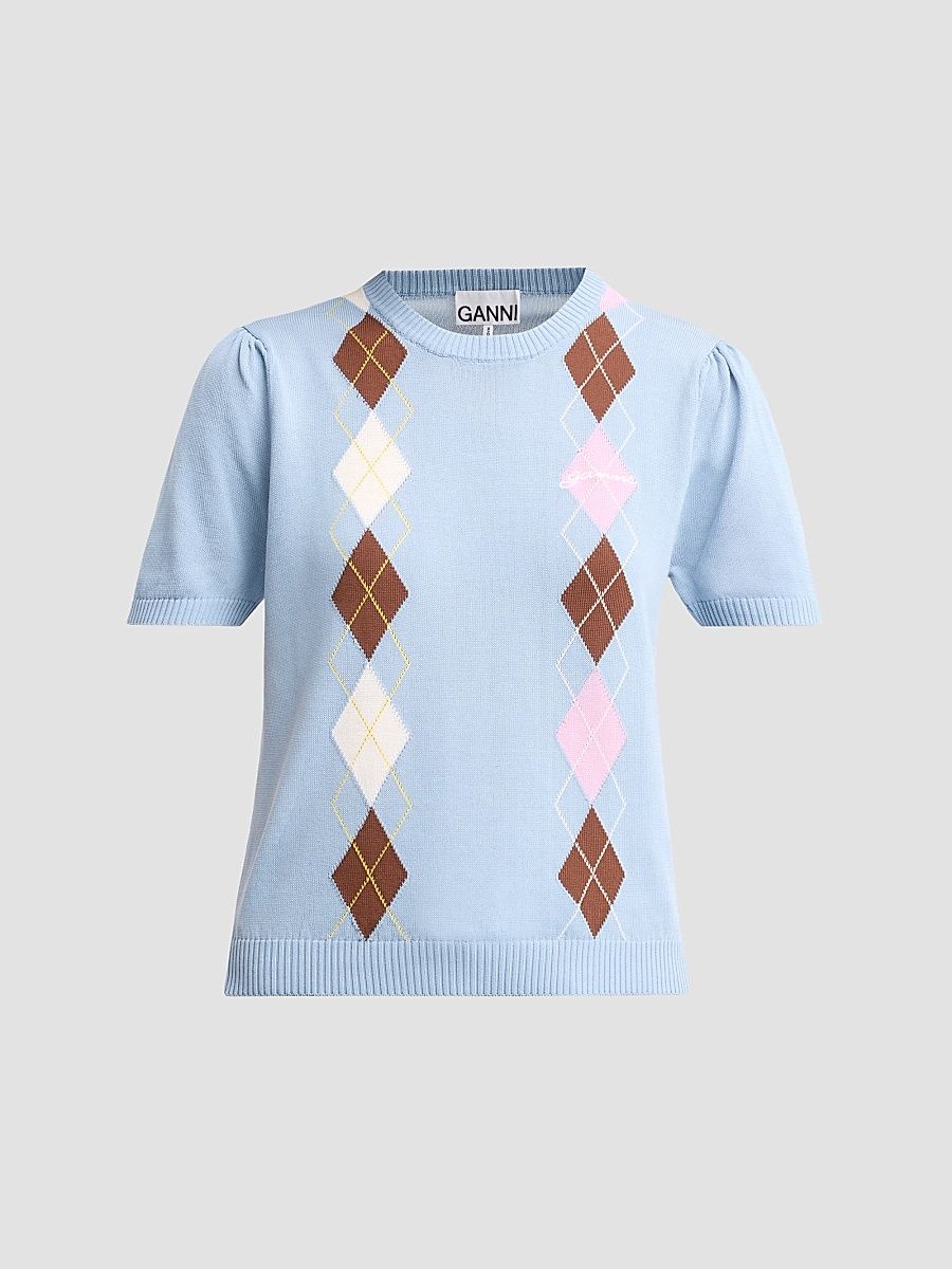 Women's Argyle Cotton Knit Crewneck T-Shirt - Soft Chambray - Size XL