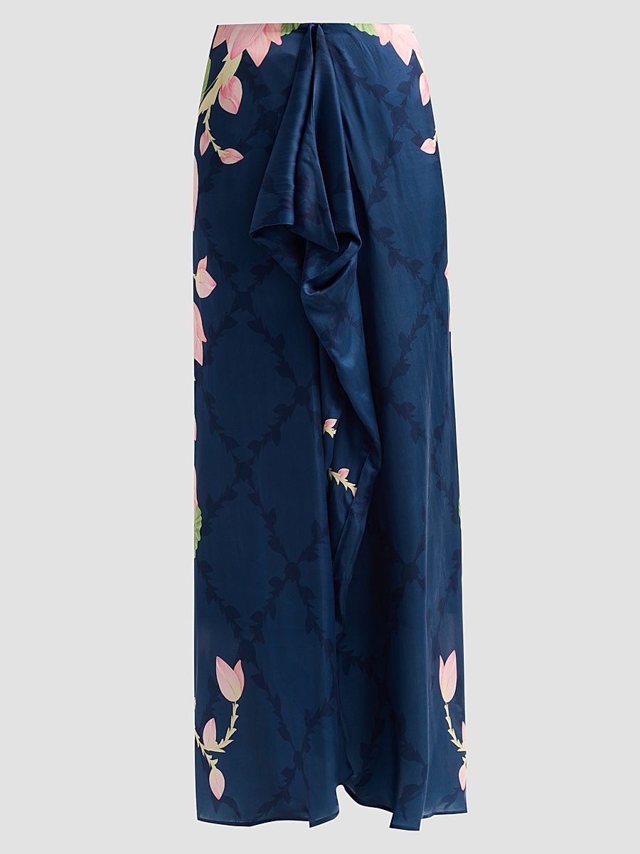 Women's Ammama Hand-Draped Lotus Skirt - Navy Lotus And Linear Panel - Size XL