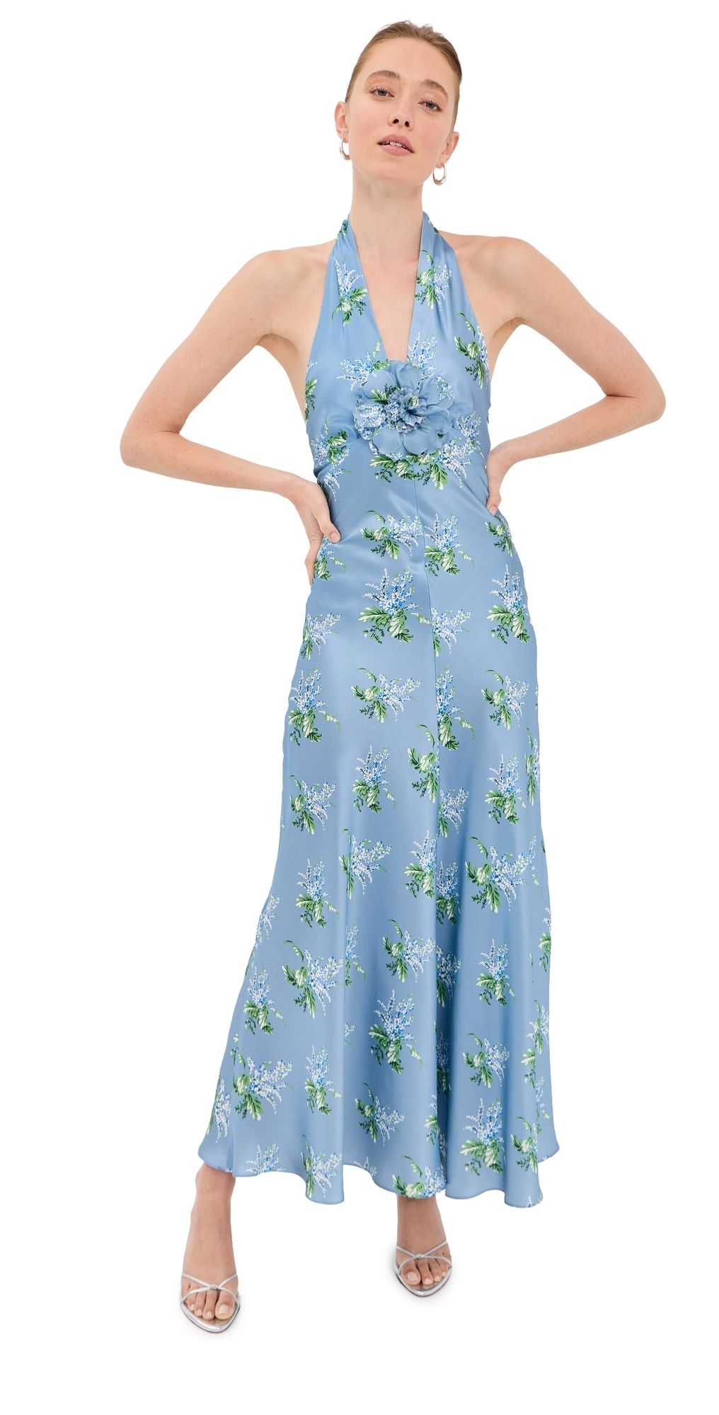 Rodarte Blue Bouquet Floral Silk Satin Dress Blue 4