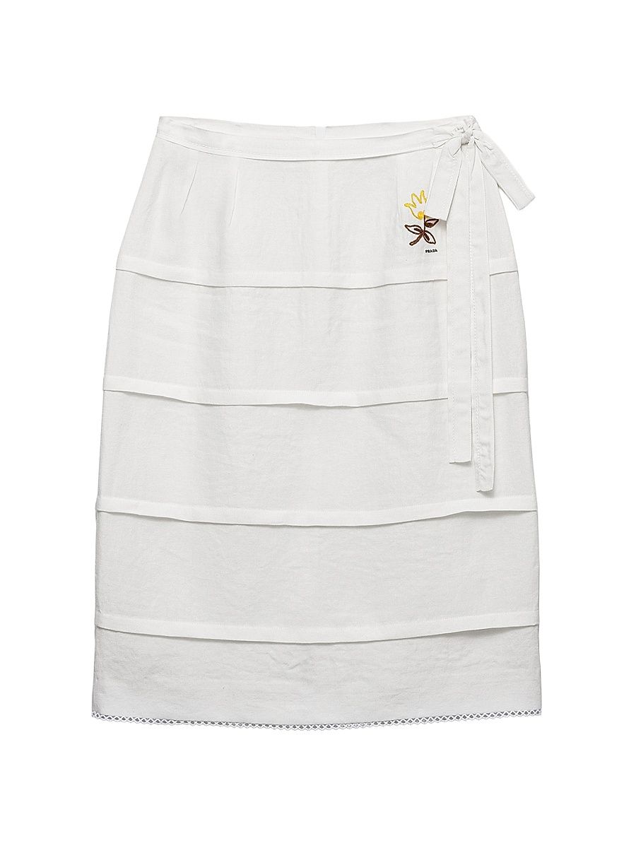 Women's Embroidered Slubbed Linen Skirt - White
