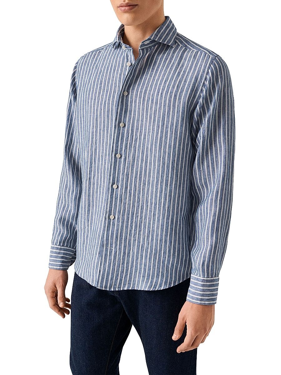 Men's Contemporary-Fit Striped Linen Shirt - Blue - Size 16.5