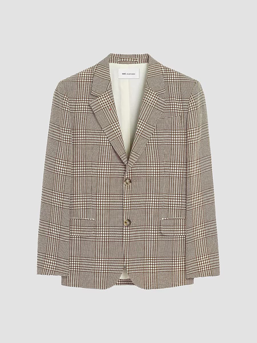 AMI Paris Men's Houndstooth Glen Plaid Wool Single-Breasted Blazer - Caramel Blanc Creme - Size 44