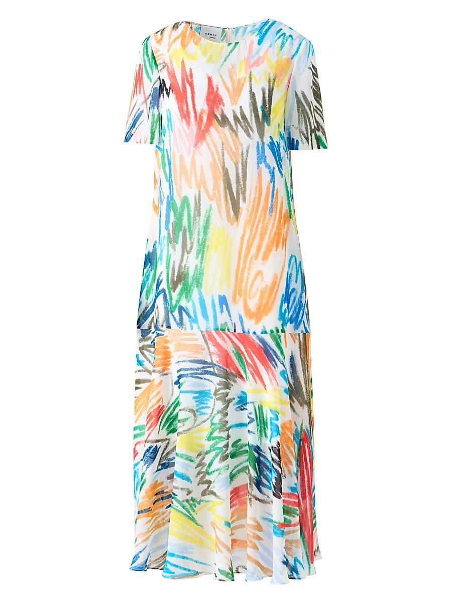 Women's Abstract Georgette Crewneck Midi-Dress - Cream Multi - Size 16