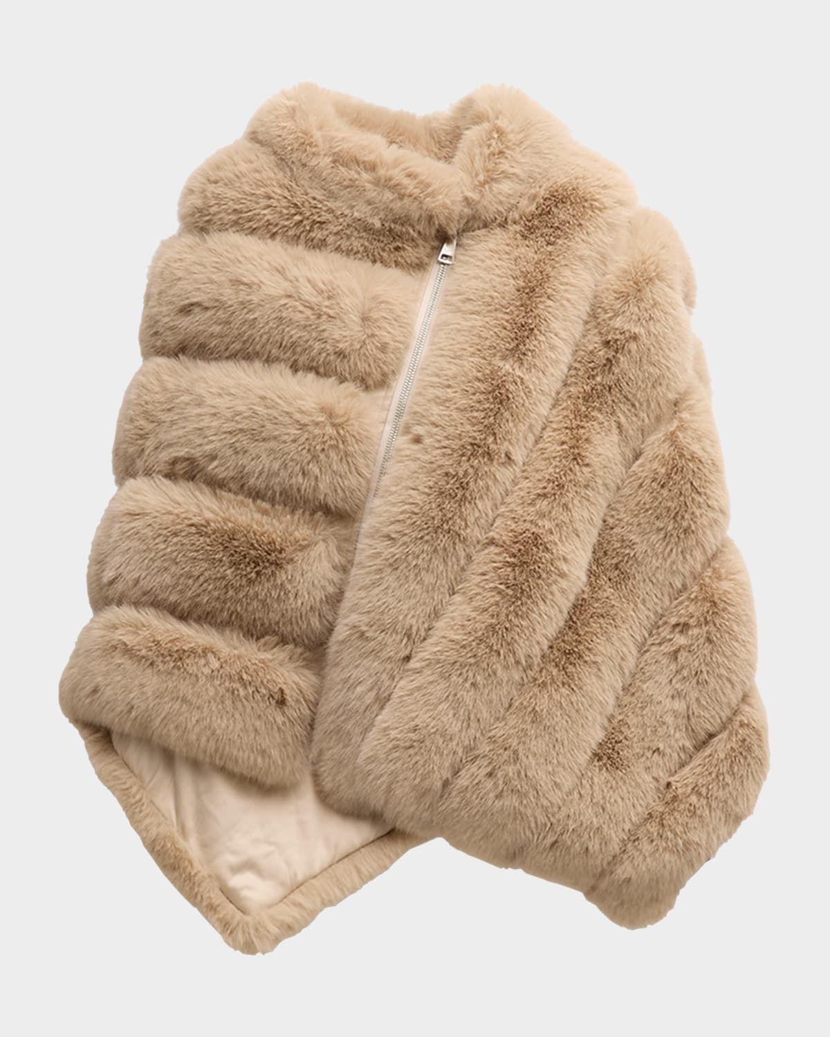 Asymmetric Striped Faux Fur Poncho