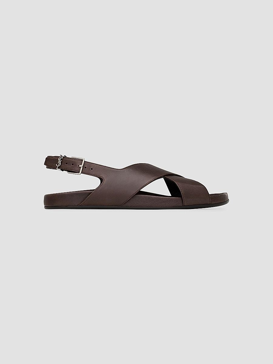 Saint Laurent Men's Helios Sandals in Grained Leather - Paris Brown - Size 9