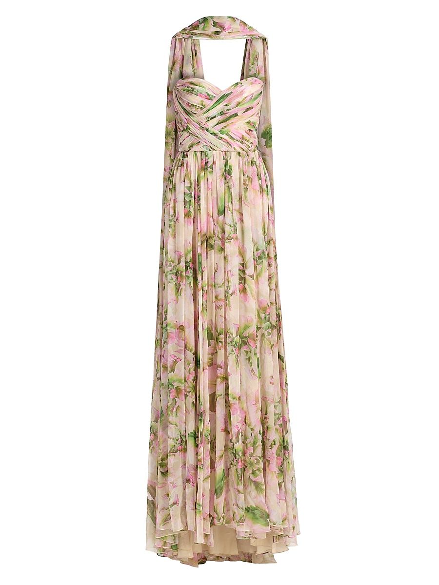 Women's Floral Draped Strapless Chiffon Gown with Scarf - Carnation Multi - Size 6