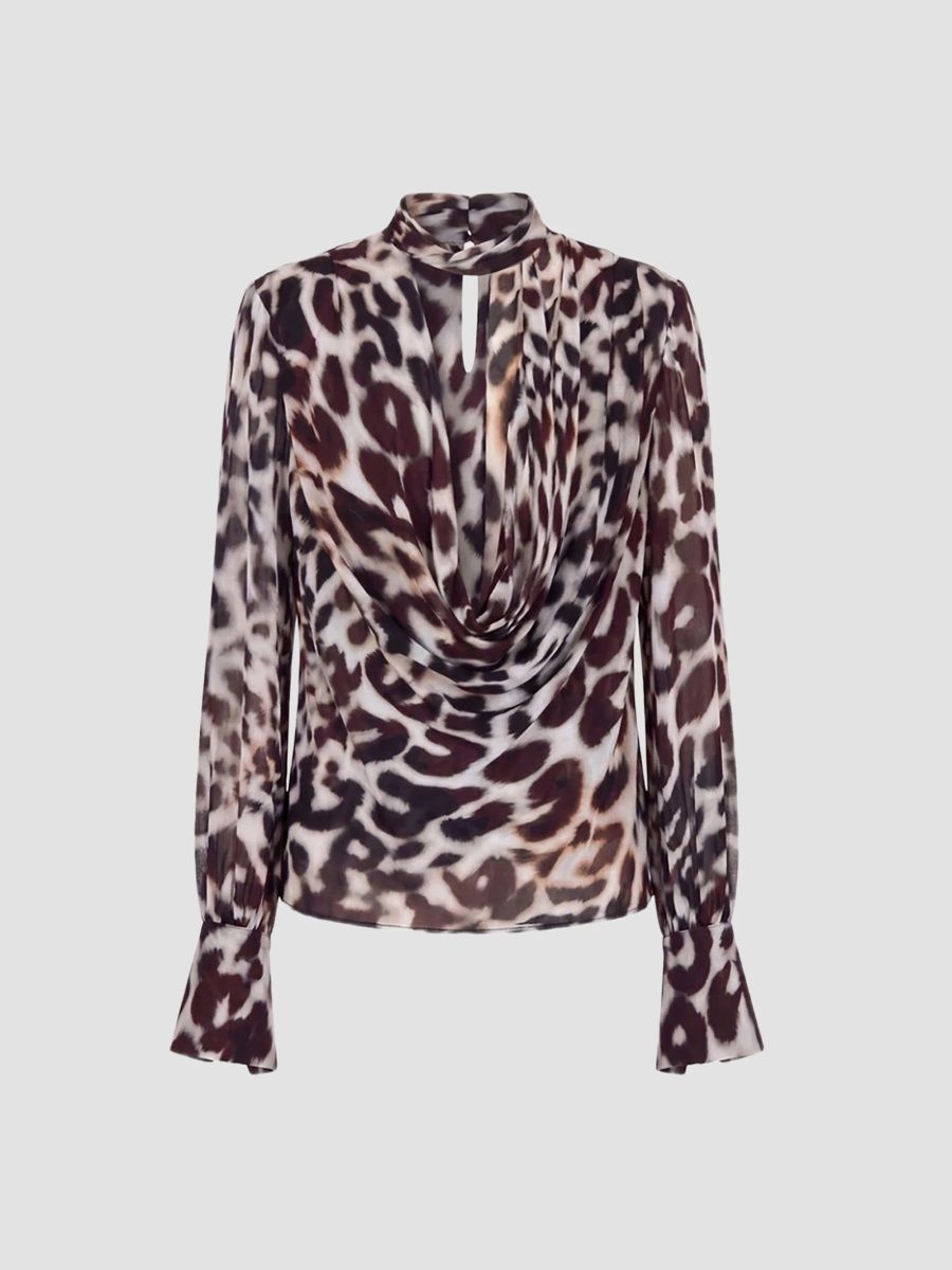 Nicholas the Label Women's Amara Leopard-Print Double-Layer Cowl Blouse - Bordeaux Leopard - Size 12
