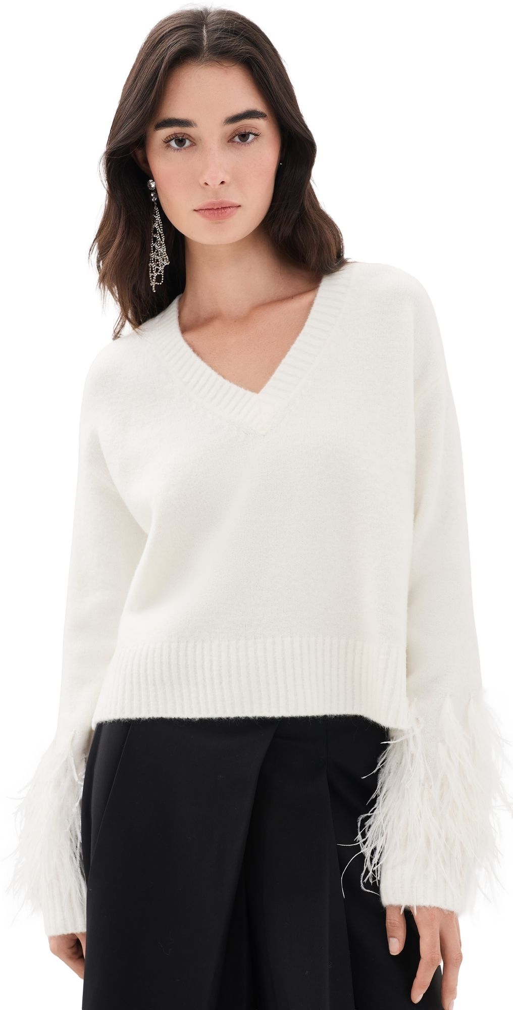 Cinq à Sept Brianne Feather V Neck Pullover Ivory XS