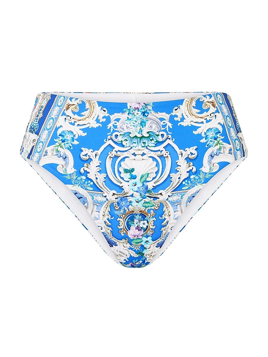 Women's Ottoman-Print Mid-Rise Bikini Bottom - Blue Multi - Size XS