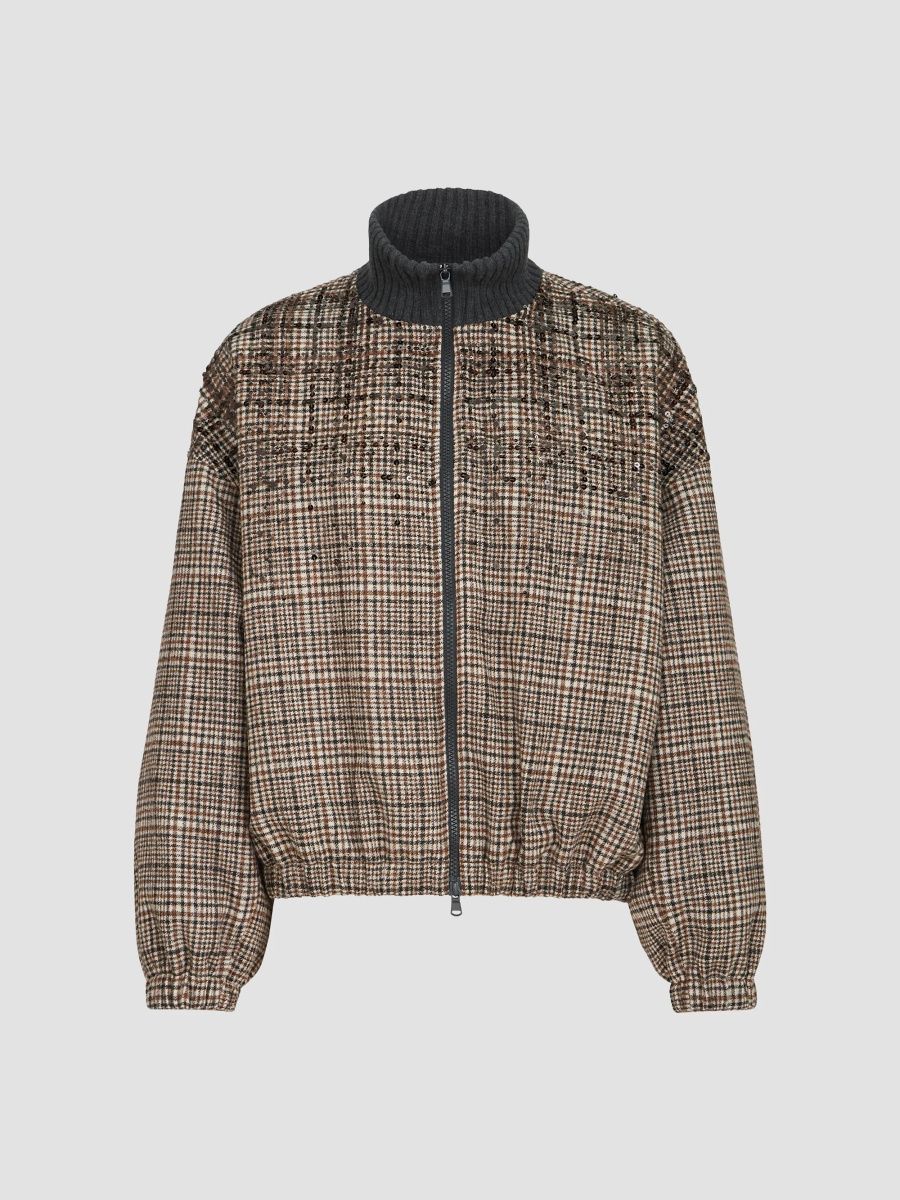 Brunello Cucinelli Women's Checked Alpaca and Wool Bomber Jacket - Brown - Size 2