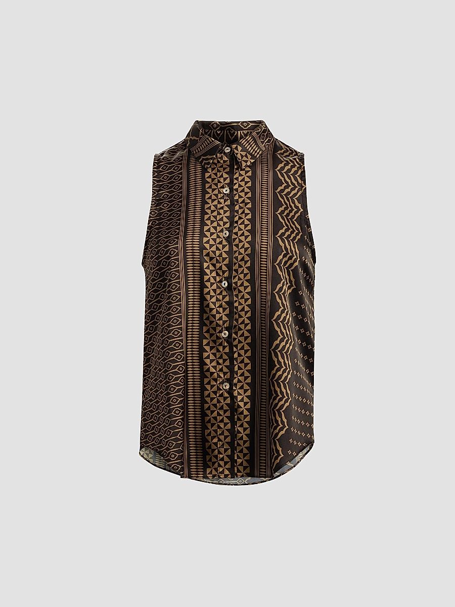 Women's Reya Geometric Button-Front Sleeveless Top - Noir Geometry - Size XL