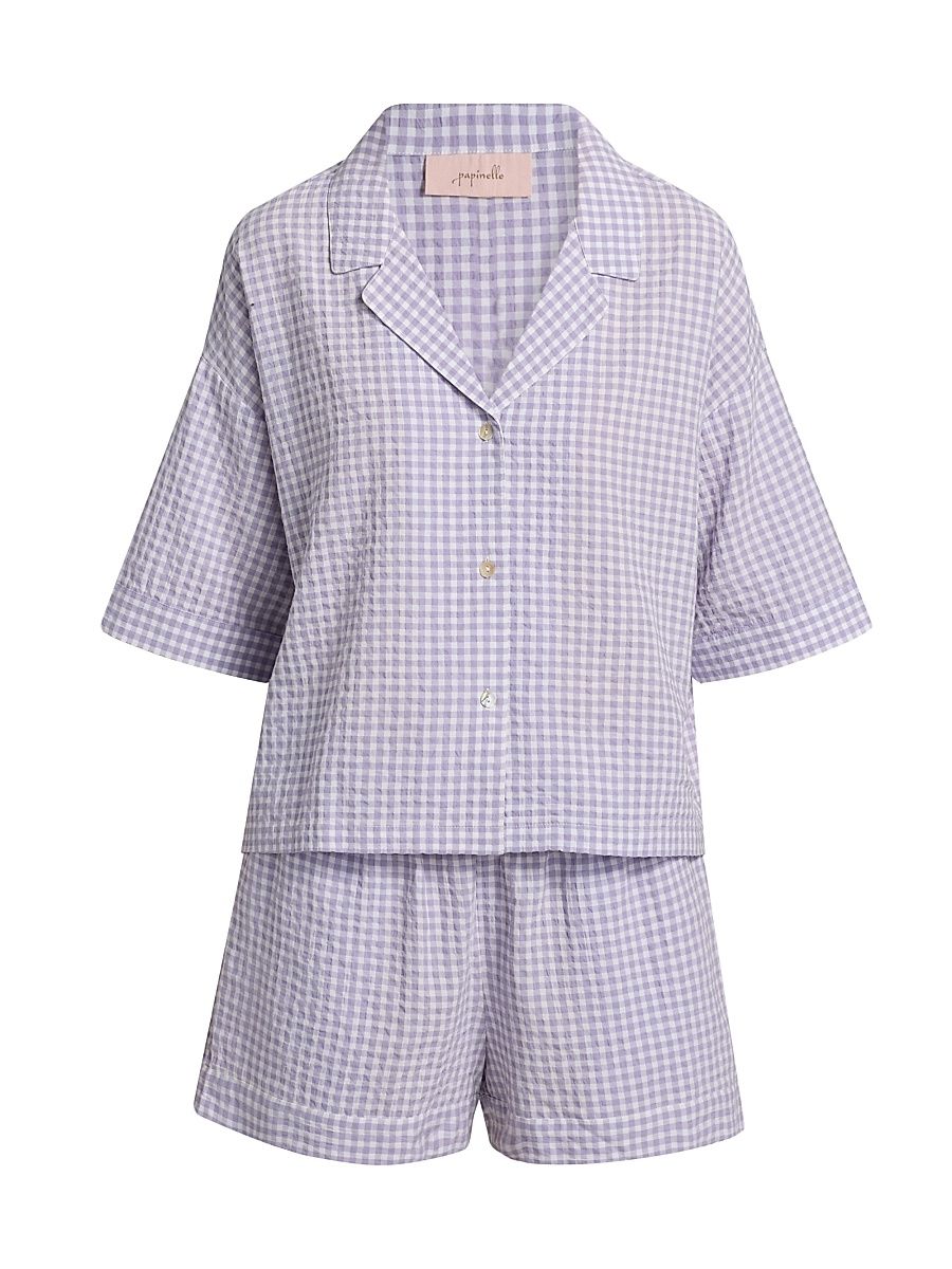 Women's Seersucker Gingham Boxer Pajamas - Soft Lavender - Size XS