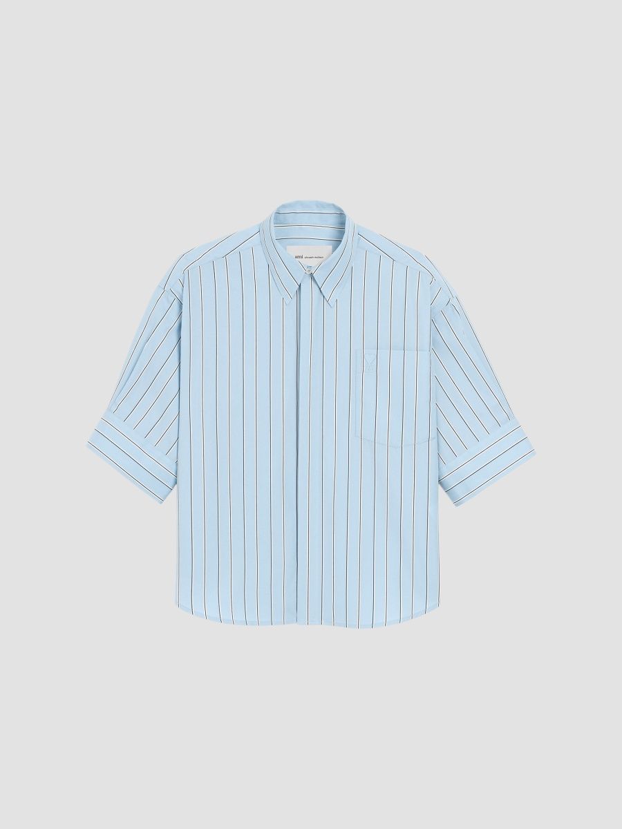 AMI Paris Women's Embossed Ami De Coeur Striped Cotton Shirt - Cashmere Blue Ivory - Size 6