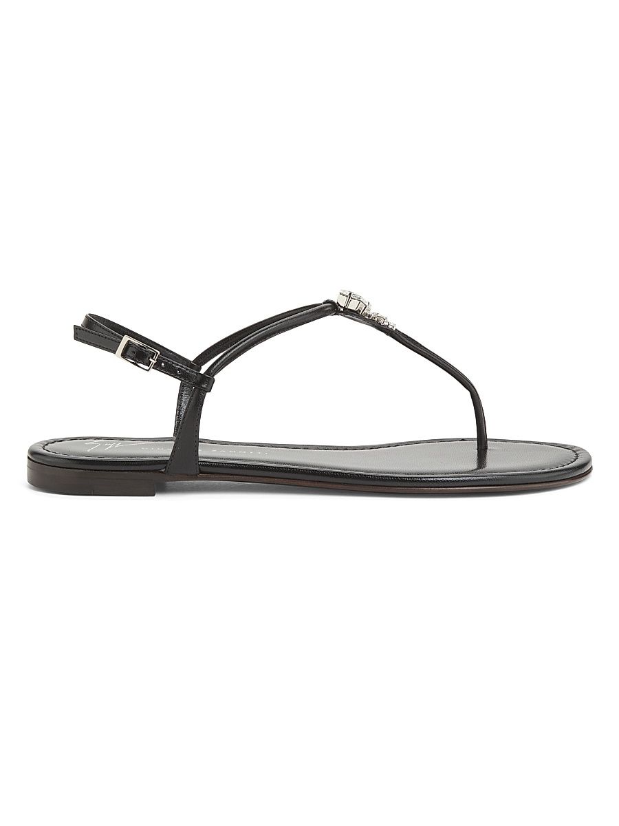 Women's Crystal-Embellished Leather T-Strap Sandals - Nero - Size 10.5