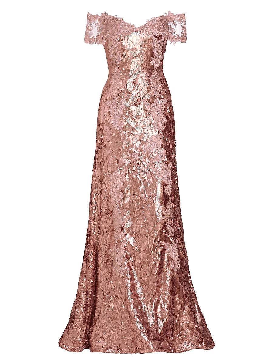 Women's Sequined Off-The-Shoulder Gown - Blush - Size 14